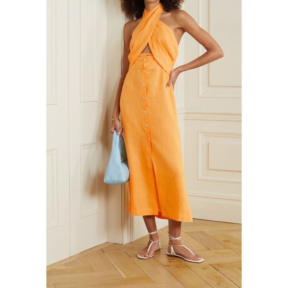 NANUSHKA Soffio cutout linen halterneck dress in Orange Size Medium